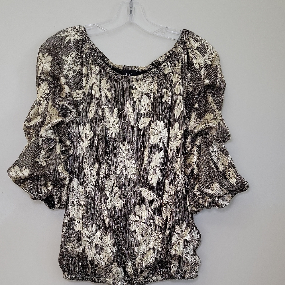 NSF Womens Metallic Floral Puff Sleeve Bubble Hem Blouse Top Black Gold‎ Medium